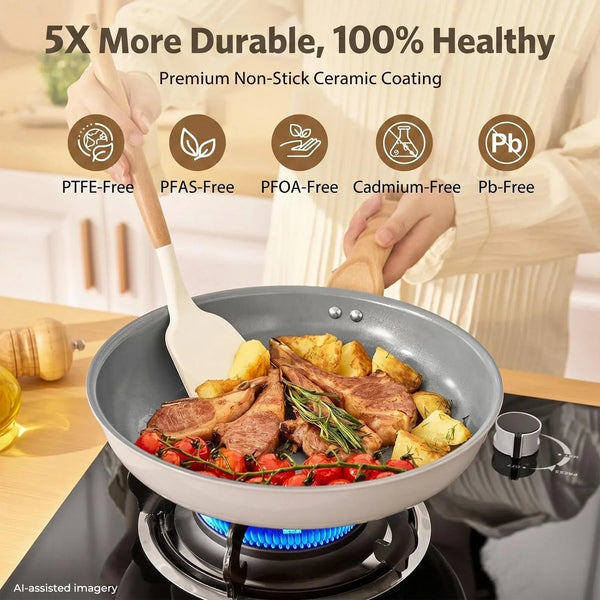 Non Stick Frying Pan Set with Lids, 5 Pcs Ceramic Nonstick Skillets | Non Toxic Pans Pfas-Free, Molecular-Bonded Seamless Induction Base, 30% Faster Heating, Works on All Stoves, 8", 9.5", 11"6