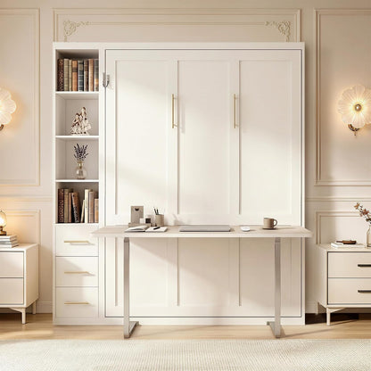 Queen Murphy Bed with Desk & Storage,4-Smooth Hydraulic Lift, White2