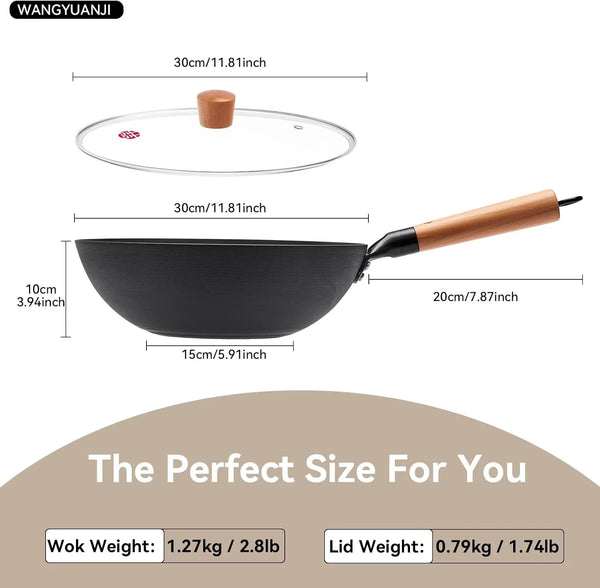 11.8" High Purity Iron Wok Pan,Flat Bottom Stir Fry Pan for Electric,Induction & Gas Stoves,No Chemical Coating Carbon Steel Alternative,Traditional Hand-Hammered Skillet for Cooking6