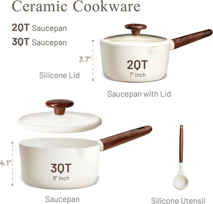 2QT & 3QT Sauce Pan Sets with Lid & Ladle Ceramic Nonstick Pot Set Non Toxic Saucepan Small Kitchen Cooking Pots, Easy to Clean, Induction Comptable, PFAS PTFE Free, White2