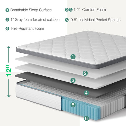 Queen Mattress, 12 Inch Hybrid Mattress Queen Combine Innerspring and Comfort Foam Layer, Pressure Relief & Motion Isolation, Medium Firm Feel2