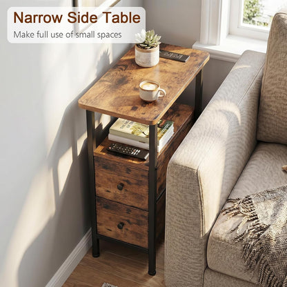 Narrow End Table with Charging Station, Side Tables Living Room | End Tables Living Room Set of 2, Skinny Nightstand with Fabric Drawers for Bedroom, Small Spaces, Rustic Brown4