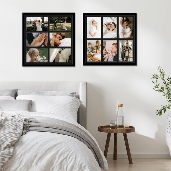 4X6 Picture Frame Collage for Wall, Display 6 Pcs 4X6 Photos with Mat or 13X13 without Mat, 6 Opening Photo Frame for 4 X 6 Pictures with Shatter Resistant Plexiglass, Black Mat, Black6