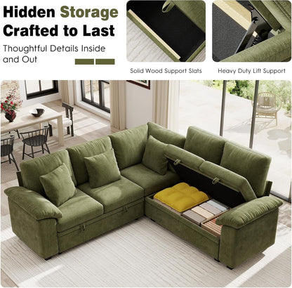 86" Modular Sectional Sofa with Pull Out Bed, 5-Seater L Shaped Sectional Sleeper Couch with Storage, Chenille Convertible Couches for Living Room, Apartment (Green)6