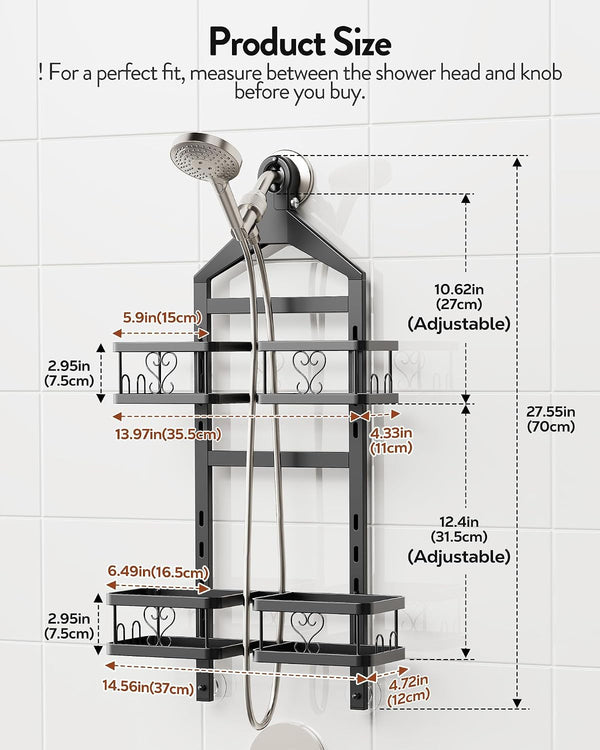 Adjustable Hanging Shower Caddy for Handheld Shower Heads, Rustproof Bathroom Shelf Organizer over Showerhead Storage Rack with 8 Hooks, Easy-Clean Removable Baskets & Triple Anti-Slip Fixing6