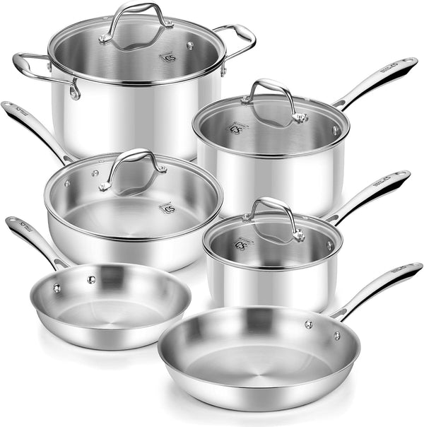 Tri-Ply Stainless Steel Cookware Set 10 Piece, Professional 18/10 Stianless Steel Pots and Pans Set, Oven & Induction Safe, Non-Toxic Kitchen Cookware Set for Family Cooking, 10Pcs1