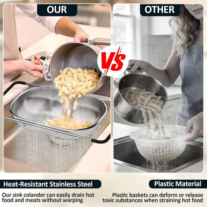 Over the Sink Colander - Strainers and Colanders - Sink Strainer Basket - Expandable Fine Mesh Strainer with Rubber Grip for Veggie, Fruits, Pasta, Home Kitchen Essentials (9.5W X 13.4-21.3L X 3.3H)3