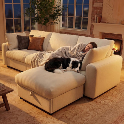 Cloud Sectional Couches for Living Room, 110" Large Modular Sectional Sofa with Wide Deep Seat, L Shaped Couch with Throw Pillow and Storage Ottoman, Beige7