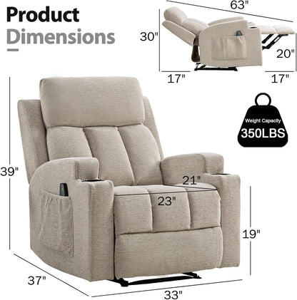 Manual Recliner Chair with Massage and Heat,Comfy Recliner Chair Sofa with Overstuffed Arms and Back, Manual Reclining Single Sofa with 2 Cup Holders, Side Pocket for Living Room,Beige2
