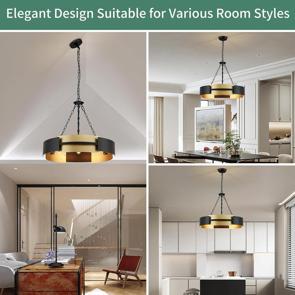 26" Industrial Modern Chandelier, 5-Light Black & Gold Drum Pendant6