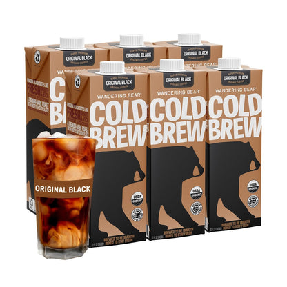 Wandering Bear Straight Black Organic Cold Brew Coffee - 32 Fl Oz, 6 Pack | Extra Strong, Bold, Smooth, Unsweetened, Shelf-Stable, Ready to Drink & Vegan, 100% Organic Iced Cold Brewed Coffee1