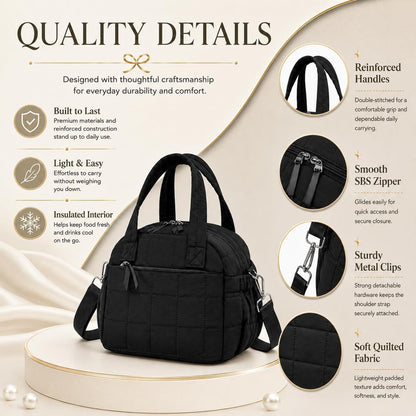 Lunch Box for Women, Quilted Insulated Lunch Bag, Puffy Lunch Tote with Adjustable Shoulder Strap for Work School Travel (Black, Regular 9L)6