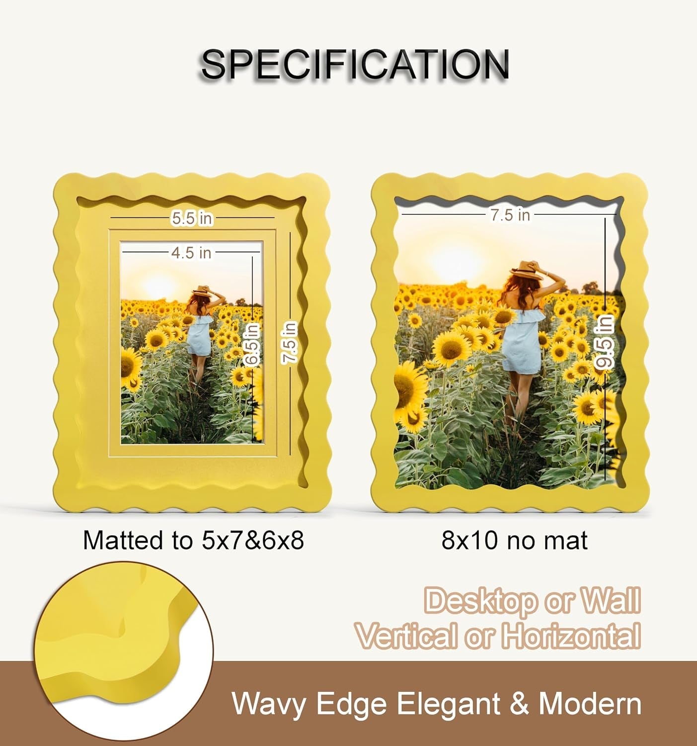 scalloped-8x10-picture-frame-real-glass-wood-frame-with-reversible-mat-for-5x7-6x8-prints-wavy-edge-for-wall-or-tabletop-decorative-photo-frame-yellow