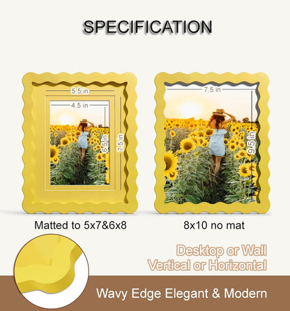 Scalloped 8X10 Picture Frame, Real Glass Wood Frame with Reversible Mat for 5X7/6X8 Prints, Wavy Edge for Wall or Tabletop, Decorative Photo Frame, Yellow3