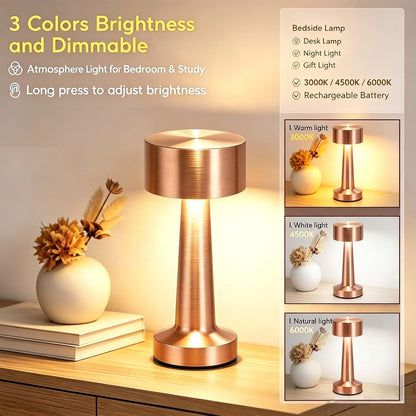 Portable LED Table Lamp, 3-Levels Brightness Metal Desk Lamp,3 Color Touch Control Rechargeable Lamp, Ideal Bedside Lamp for Nightstand,Bedroom, Living Room (Rose Gold)3
