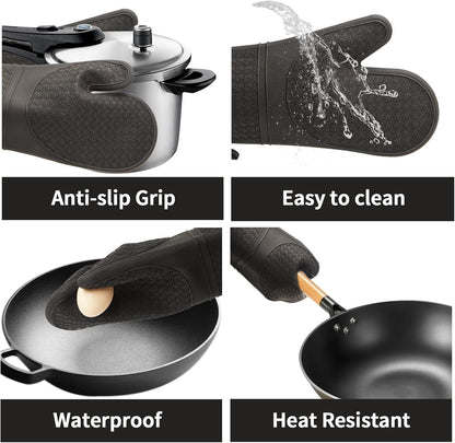 Silicone Oven Mitts, Heat Resistant 500F Kitchen Mitts 2PCS, 11.6" Bpa-Free Soft Baking Gloves, Non-Slip Grip Oven Gloves with Soft Cotton Lining for Kitchen Cooking Baking BBQ - Black4