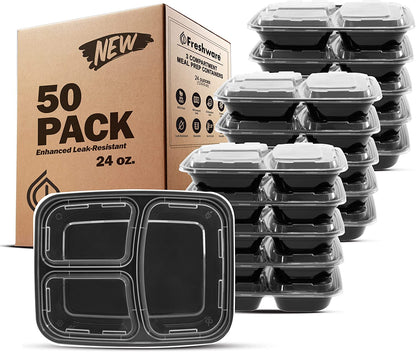 Meal Prep Containers [50 Pack] 3 Compartment Food Storage Containers with Lids, Bento Box, BPA Free, Stackable, Microwave/Dishwasher/Freezer Safe (24 Oz)1