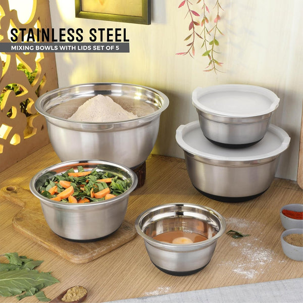Premium Stainless Steel Mixing Bowls with Lids Non-Slip, Set of 5 Mixing Bowl Set with Silicone Base, Space Saving, Great for Cooking, Baking, Prepping (0.25Qt, 1Qt, 1.5Qt, 3Qt, 5Qt)7