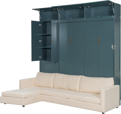 Queen Murphy Bed with Couch and Storage Bookcase, Wood Foldable Murphy Wall Bed with Storage Shelves and Sofa for Adults (H Green,Queen)5