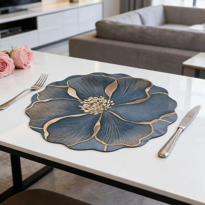 Set of 4 Cotton Linen Placemats, 15 in round Luxury Scalloped Flower Leaves Embroidered Cloth Wrinkle Free Floral Table Mats for Dining Dinner Holiday Decoration Tabletop Home Kitchen Blue4