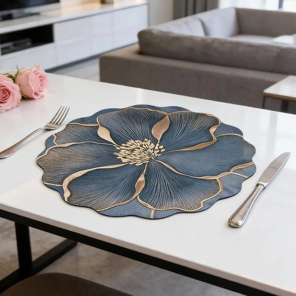 Set of 4 Cotton Linen Placemats, 15 in round Luxury Scalloped Flower Leaves Embroidered Cloth Wrinkle Free Floral Table Mats for Dining Dinner Holiday Decoration Tabletop Home Kitchen Blue4