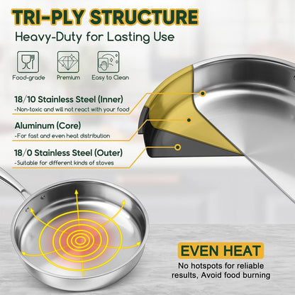 8 & 10 Inch 3-Ply Stainless Steel Frying Pan Skillet, 2 Pieces | Stainless Steel Pan Skillet, Induction Stir-Fry Pan, Oven & All Stoves Safe, Heavy Duty & Even Heat, Dishwasher Safe, Silver4