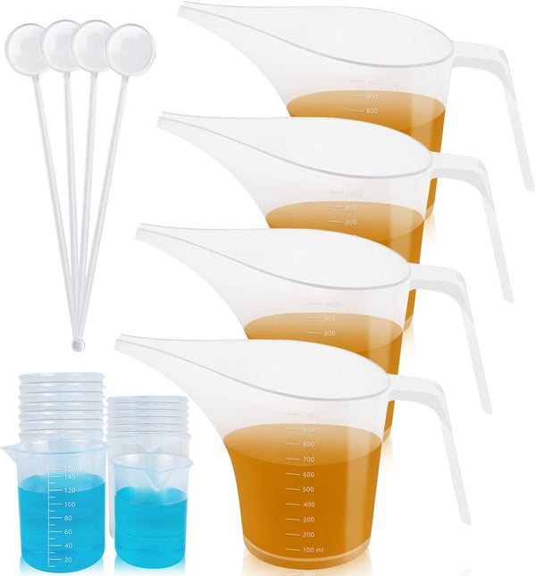 Funnel Pitcher Set - 4 Pack, 1000Ml Plastic Measuring Pitchers with Funnels, 4 Stirring Rods, and 15 Small Measuring Cups for Soap Making, Resin Casting, Baking, and DIY Crafts1