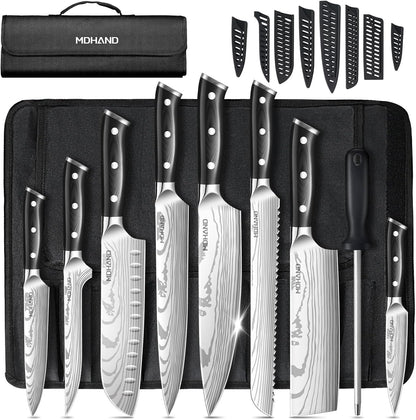 Chef Knife Set with Roll Bag, Sharp Professional Chef Knives Set | High Carbon Stainless Steel 18PCS Kitchen Knife Set with Sharpener, Ergonomic Handle, Kitchen & Home Cooking, Dishwasher Safe1