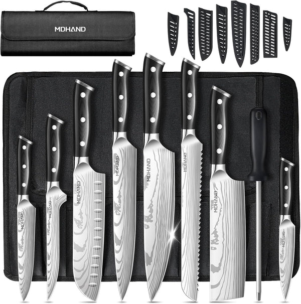 Chef Knife Set with Roll Bag, Sharp Professional Chef Knives Set | High Carbon Stainless Steel 18PCS Kitchen Knife Set with Sharpener, Ergonomic Handle, Kitchen & Home Cooking, Dishwasher Safe1