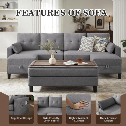 101" Convertible Sectional Sofa with Ottoman Coffee Table, Modern Linen Fabric U-Shaped Couch with Storage Pocket, 4 Seat Sofa Couches for Living Room, Apartment, Office, Lightgrey5