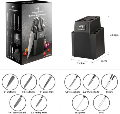 18PCS Damascus Knife Set with Steak Knives & Block | Japanese 67-Layer 10Cr15Comov (VG10 Equivalent) Steel Core, 60±2 HRC Edge, Ergonomic Handle, Kitchen Shears, Sharpener3