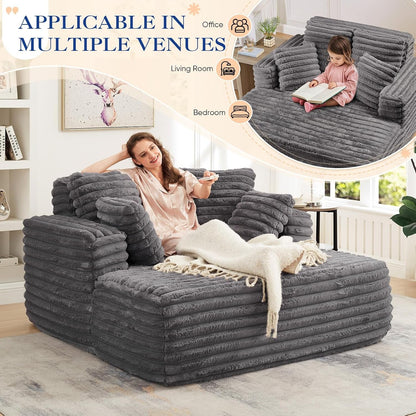 Oversized Chaise Lounge Indoor, Modern Plush Faux Fur Fabric Deep Seat Boneless Memory Foam Sleeper Chaise Lounge Sofa Chair with Pillows for Living Room Bedroom Studio, No Assembly Couch, Grey7
