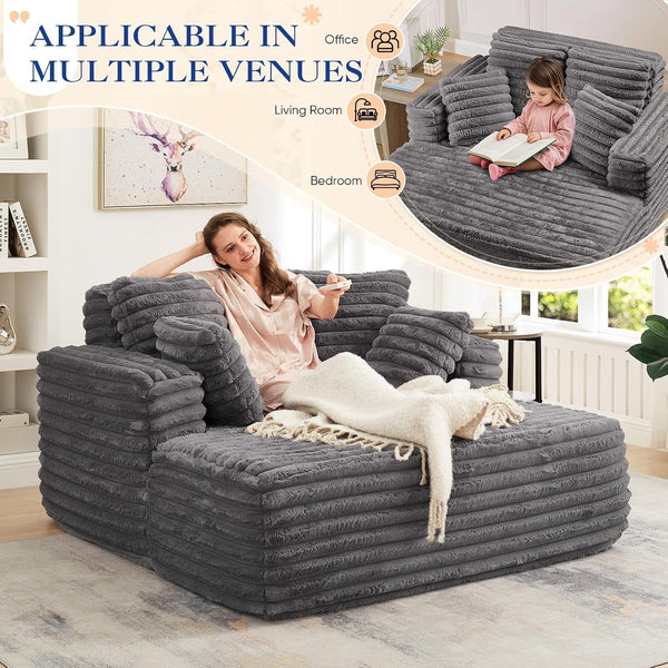 Oversized Chaise Lounge Indoor, Modern Plush Faux Fur Fabric Deep Seat Boneless Memory Foam Sleeper Chaise Lounge Sofa Chair with Pillows for Living Room Bedroom Studio, No Assembly Couch, Grey7