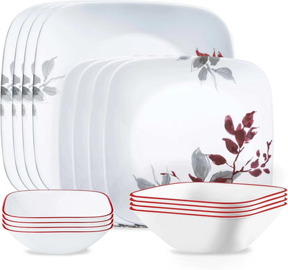 Kyoto Leaves 16Pc, Service for 4, Dinnerware Set, 8 Plates Bowls, Chip & Break Resistant, Dinner and ware White1