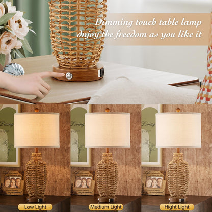 Rattan Table Lamps Set of 2 Wicker Lamps 3 Way Dimmable Touch Control Farmhouse Rustic Coastal Lamps with USB Port for Bedroom Living Room Office (LED Bulbs Included)3