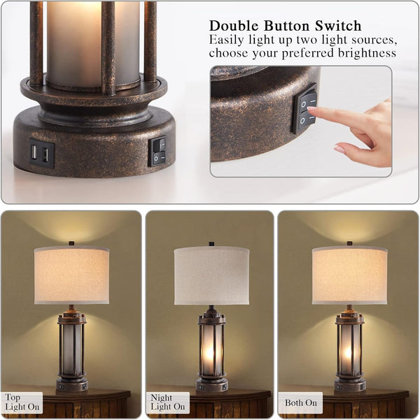 Set of 2 Farmhouse Table Lamps for Living Room with USB C+A Ports5