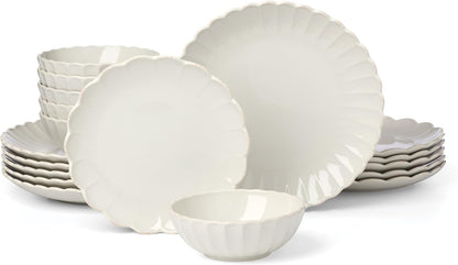 French Perle Scallop White Stoneware 18-Piece Dinnerware Set for 61