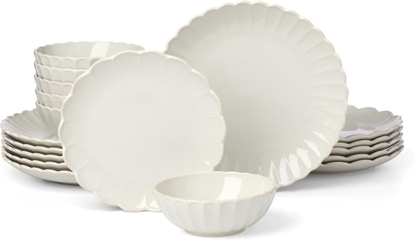 French Perle Scallop White Stoneware 18-Piece Dinnerware Set for 61