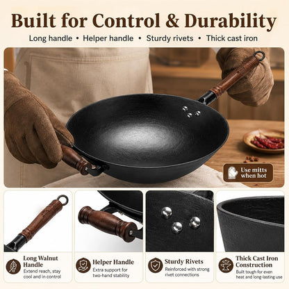 14.17” Cast Iron Wok with Glass Lid – Traditional round Bottom Chinese Wok for Gas Stove & Open Flame (Wok Ring Required) – Uncoated Clay-Mold “Turtle Shell” Texture – Seasoning Needed7