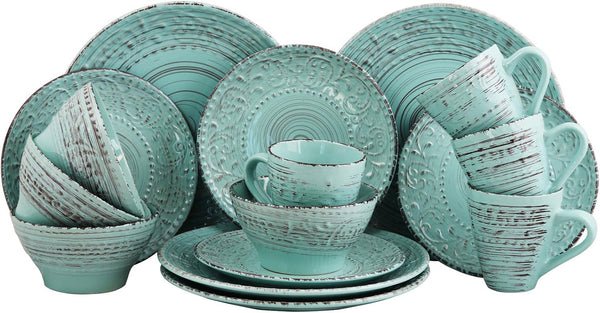 Embossed Stoneware Ocean Dinnerware Dish Set, 16 Piece, Turquoise1