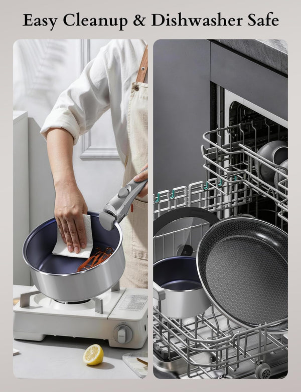 Ceramic Pots and Pans Set Non Stick, 2026 Upgraded Hybrid Frypan, 1.5&2 QT Saucepans with Lid, Oil-Less Cooking, PFAS Free Non Toxic, Induction Ready,Oven&Dishwasher Safe,Removable Handle,12Pc10