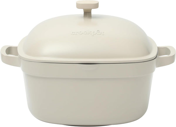 Crock-Pot Northvale Cast Aluminum Lightweight Durable 5.2 Quart Heavy Duty Dutch Oven Pot with Lid, Oven Safe, Dual Handles - Matte Linen White1