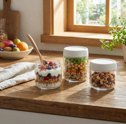 3Pack Overnight Oats Containers with Lids,10Oz Glass Jar with Scew Lid,Salad Dressing Fruit Veggies Sauce Snacks Meal Prep Food Containers,Spice Jars,Wide Mouth Storage Containers4