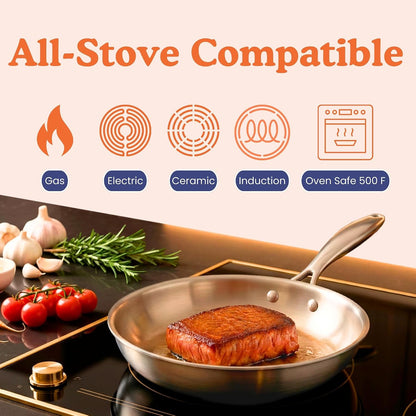 Non-Toxic Stainless Steel Frying Pan, Pfoa-Free, Tri-Ply, 8 in | 316 Surgical Steel, Heavy Metal-Free. No PFOA or PTFE. Fully Clad Tri-Ply, Even Heat. Induction & Oven Safe to 500°F.6