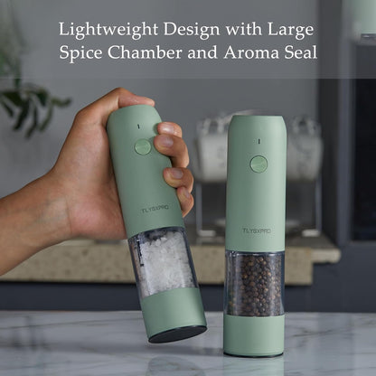 Electric Salt and Pepper Grinder Set, USB Rechargeable, Automatic Salt and Pepper Mill Grinder with Adjustable Coarseness, Electric Salt Shakers, LED Light, Refillable (2 Packs, Sage)6