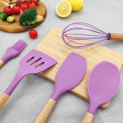 Kitchen Utensils Set 12 Pieces Nonstick Silicone Cooking Utensils Wood Handle Silicone Cooking Utensils Set with Holder Dishwasher Safe BPA Free (Purple)4
