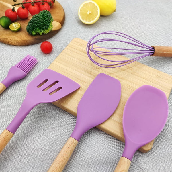 Kitchen Utensils Set 12 Pieces Nonstick Silicone Cooking Utensils Wood Handle Silicone Cooking Utensils Set with Holder Dishwasher Safe BPA Free (Purple)4