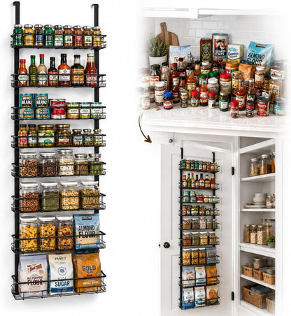 Pantry Door Organizer, 9-Tier over the Door Pantry Organizer for Kitchen Pantry Storage, Adjustable Metal Hanging Spice Rack with 9 Baskets for Pantry Kitchen Bathroom Laundry Room Closet, Black1