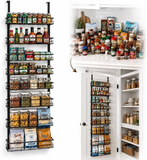 Pantry Door Organizer, 9-Tier over the Door Pantry Organizer for Kitchen Pantry Storage, Adjustable Metal Hanging Spice Rack with 9 Baskets for Pantry Kitchen Bathroom Laundry Room Closet, Black1