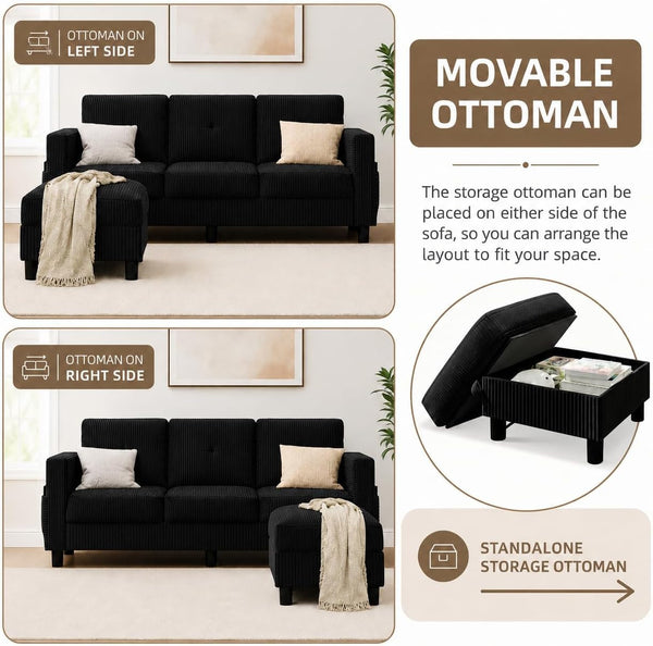 77" L-Shaped Corduroy Sectional Sofa with Storage Ottoman, Black4